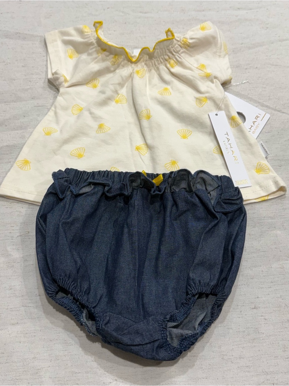 New Tahari Baby 3-6m Cream Top Yellow Seashells Navy 100% cotton Denim Bloomers